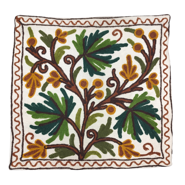 Green Chinar Cushion Cover With Kashmiri Aari Work