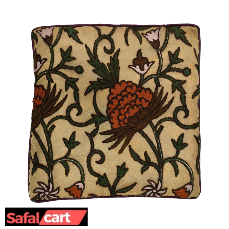 Organza Cushion Cover With Kashmiri Aari Work (Golden Colour)