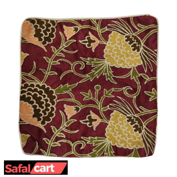 Organza Cushion Covers With Kashmiri Aari Work (Maroon Colour)