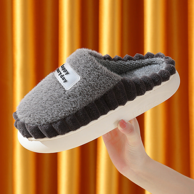 Home Slippers For Men Thick-soled Color-block Letters Fluffy Fleece  House Shoes Winter Indoor Warm Slip On Floor Bedroom Slipper