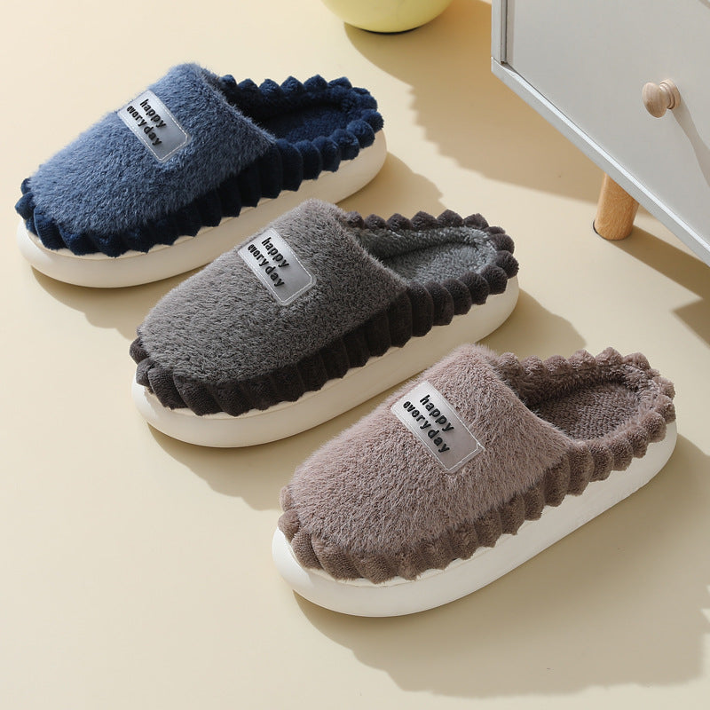 Home Slippers For Men Thick-soled Color-block Letters Fluffy Fleece  House Shoes Winter Indoor Warm Slip On Floor Bedroom Slipper