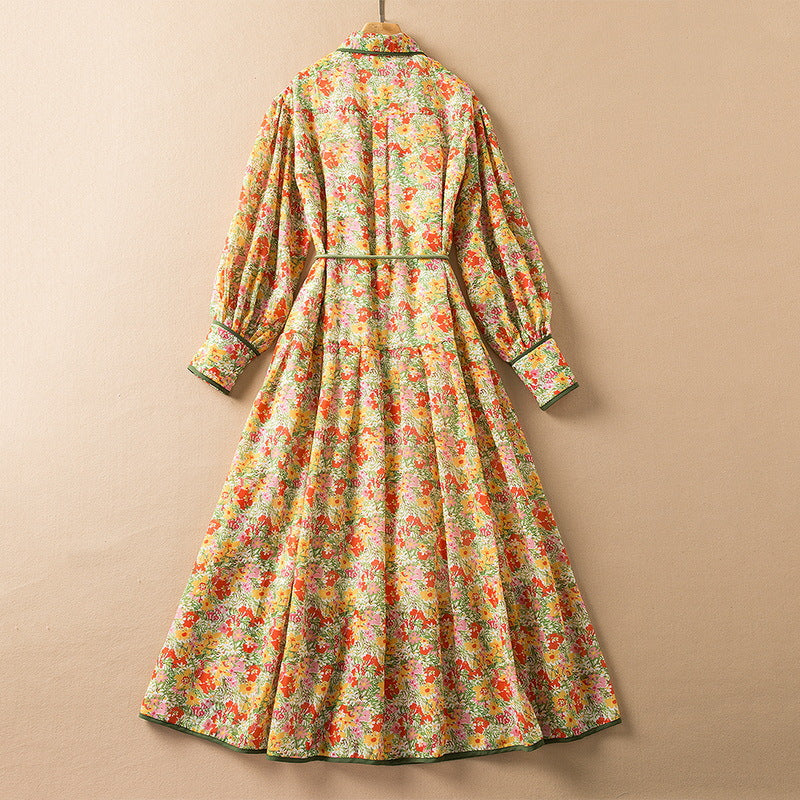 Long Sleeve Lapel Cotton Floral Loose Dress