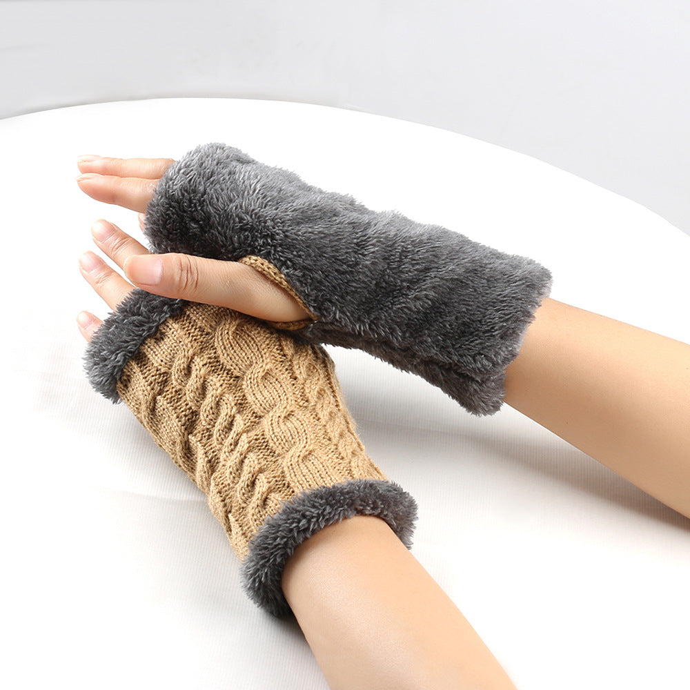 Winter Plush Gloves Twist Knitted Fingerless Fleece Gloves Women Warm Thickened Woolen Gloves